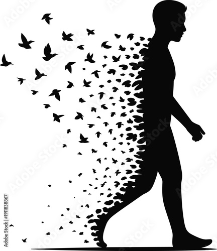 Man dissolving into flying birds silhouette, freedom transformation concept with abstract dispersion effect isolated vector illustration
