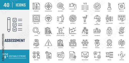 Assesment icon set. Includes Audit, analysis, plan, evaluation, result, goal and more. Outline icon set. Vector illustration with editable stroke