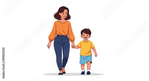 Cheerful mother and her happy young son walk hand-in-hand enjoying a loving and warm stroll together against a bright clean background symbolizing family connection, Generative AI.