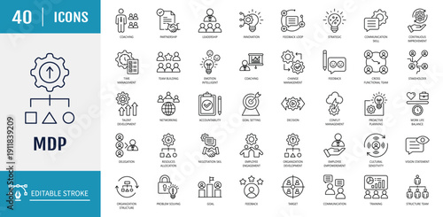 Management development program of mdp concept icon set. Includes leadership, strategic, decision making. Vector illustration with editable stroke