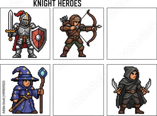Pixel art collection showcasing classic fantasy hero archetypes including a heavily armored knight an archer a blue wizard and a dark rogue