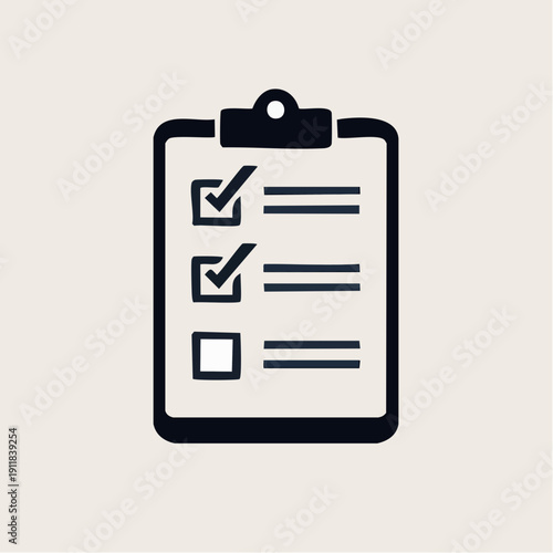 Close-up view of a minimalist black‑and‑white clipboard displaying a three‑item checklist with two completed boxes and one pending, illustrated in a clean office setting