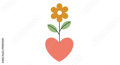 Minimalist and charming illustration featuring a vibrant yellow flower gracefully blooming from a warm pink heart symbolizing love growth and nurturing care on white, Generative AI.