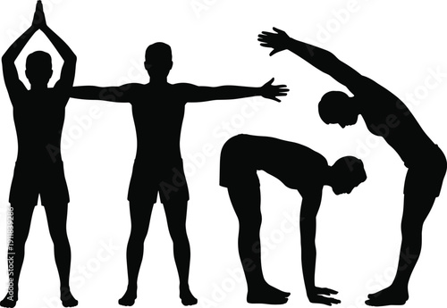 Stretching fitness silhouettes set, men performing warm up and flexibility exercises isolated on white background vector illustration