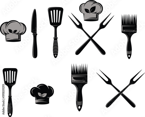 Chef Hat and Kitchen Utensil Silhouette Collection Featuring Spatulas Knives and Forks for Restaurant Catering and Culinary Vector Illustration Design