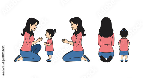 Adorable set of three illustrations showcasing a loving mother and her young daughter interacting kneeling in front side and back views symbolizing cherished playtime and, Generative AI.
