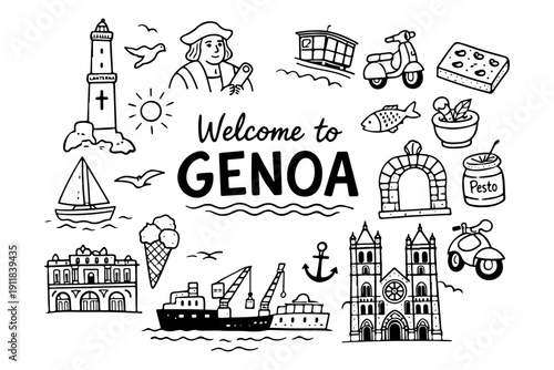 Genoa Italy travel doodle set, hand drawn Ligurian city symbols and italian landmarks in line art style