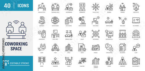 Coworking space icon set. Includes workers, cost savings, share, convenience, receptionist, home office, remote. Outline icon set. Vector illustration with editable stroke