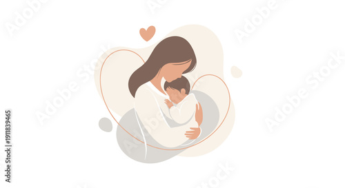 Tender illustration of a loving mother gently cradling and cuddling her newborn baby with serene affection surrounded by soft organic shapes and a subtle heart symbolizing, Generative AI.