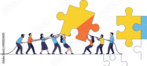 Team of diverse professionals collaborating together to fit jigsaw puzzle pieces into place successfully