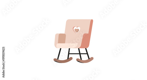 Minimalist and cozy illustration of a comfortable rocking chair adorned with a delicate heart emblem on its backrest presented in soft pastel tones symbolizing nurturing, Generative AI.