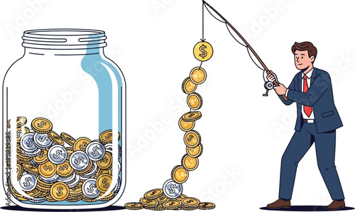 Businessman in suit fishes for coins with a fishing rod near a jar