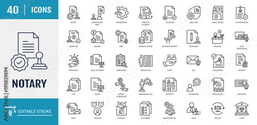 Notary icon set. Outline icon set. Vector illustration with editable stroke