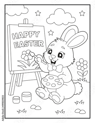 Wallpaper Mural Happy Cartoon Bunny Painting a Happy Easter Sign Coloring Page for Kids. Clean Bold Outline Animal Art for Education. Torontodigital.ca