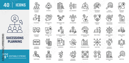Succession planning icon set. Includes skill assessment, performance evaluation, career path, job rotation, competence and more. Outline icon set. Vector illustration with editable stroke