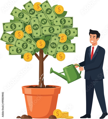 Businessman nurturing a money tree with financial growth and investment opportunities