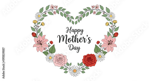 Beautiful heart-shaped floral wreath adorned with delicate roses lilies and daisies elegantly framing a Happy Mother's Day greeting perfect for celebration and appreciation, Generative AI.
