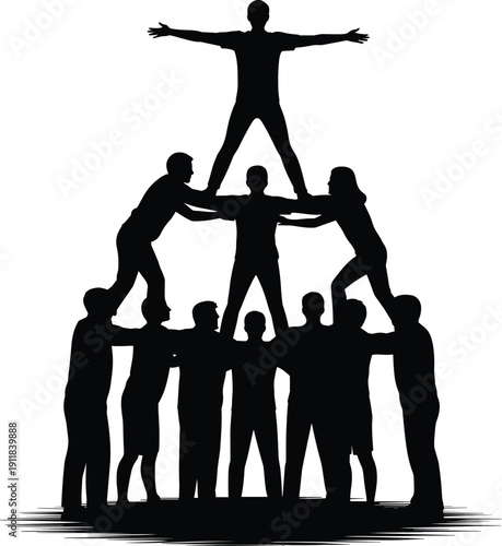 Teamwork pyramid silhouettes composition, group of people forming human tower in leadership and cooperation concept vector illustration