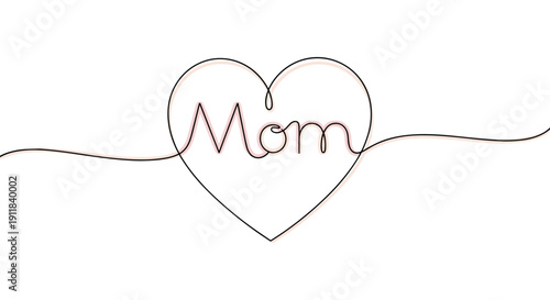 Minimalist continuous line art illustration gracefully forming a heart shape around the word Mom elegantly expressing profound love and appreciation for mothers in a sweet, Generative AI.