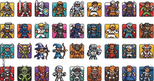 Collection of diverse pixel art fantasy and science fiction character sprites showcasing various warrior classes and monster types for game development assets