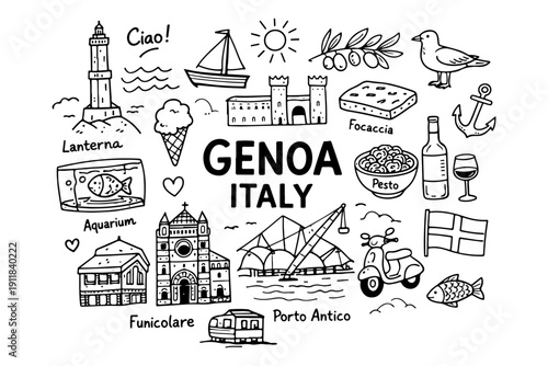 Genoa Italy travel doodle set, hand drawn Ligurian city symbols and italian landmarks in line art style