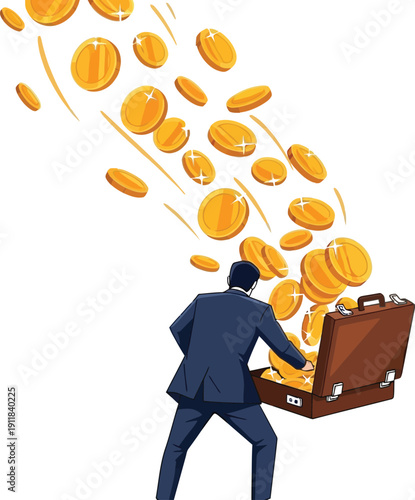 Businessman in suit opening briefcase filled with gold coins overflowing with wealth and prosperity