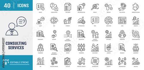 Consulting Services icon set. Outline icon set. Vector illustration with editable stroke