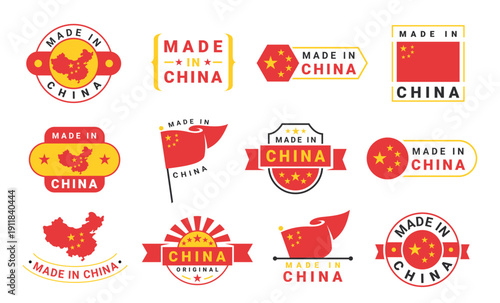 A set of Made in China labels that include symbols such as flags, maps, and icons to highlight the country of origin.