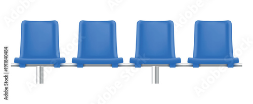 A row of plastic seats on a metal frame that provide seating for fans or spectators in stadiums during sporting events or other mass gatherings