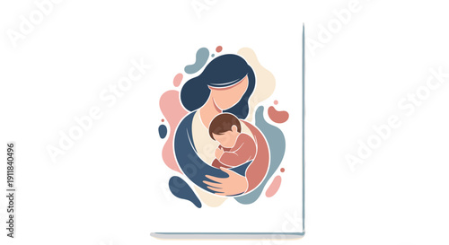 Elegant vertical illustration showcasing a tender mother affectionately holding her baby encompassed by soft abstract organic shapes in a harmonious muted color palette, Generative AI.