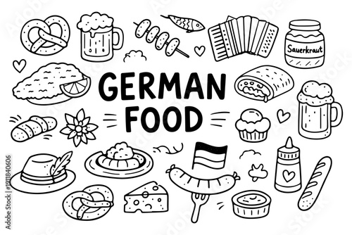 German food doodle set, hand drawn Germany cuisine symbols, Oktoberfest snacks and traditional meals in line art style