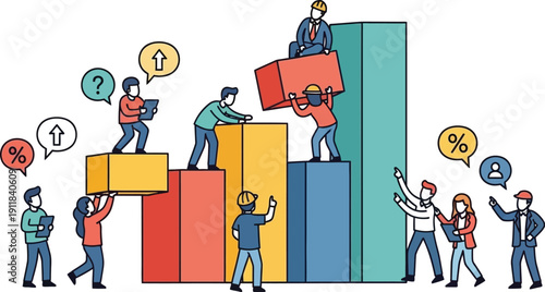 Team of professionals collaborating to build a colorful bar graph representing business growth and success