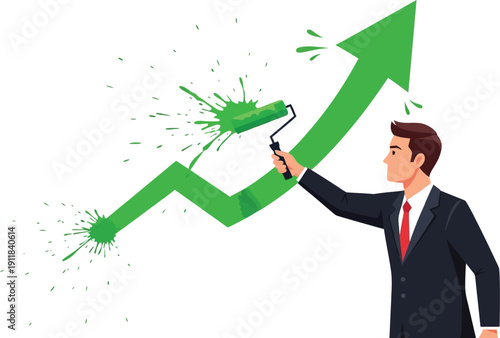 Businessman in suit paints green upward trending graph with a paint roller