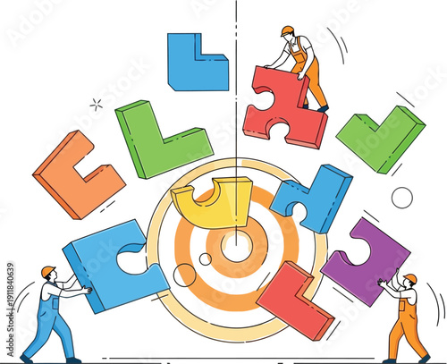 Three workers collaborate to assemble colorful puzzle pieces around a central target graphic