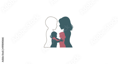 A deeply symbolic silhouette illustration depicting the multifaceted journey of motherhood with a loving mother embracing her child subtly revealing layers of a baby and an, Generative AI.