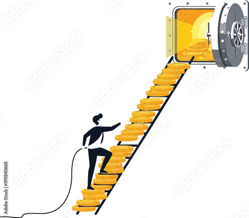 Businessperson climbs staircase of gold coins into an open safe with abundant wealth inside freely