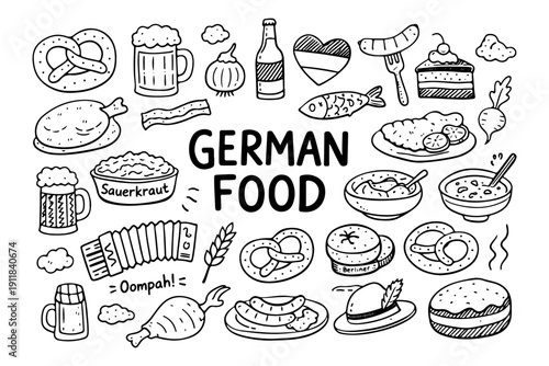 German food doodle set, hand drawn Germany cuisine symbols, Oktoberfest snacks and traditional meals in line art style