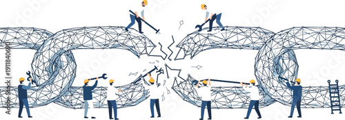 Team of people repairing a large broken chain link using various tools together