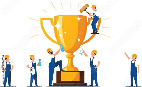Dedicated janitorial team meticulously cleans a gleaming trophy with pride and precision together