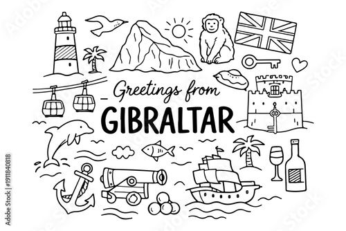 Gibraltar travel doodle set, hand drawn symbols and landmarks of the Rock, monkeys and nautical icons in line art style