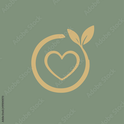 Organic circular logo design featuring an incomplete sweeping circle enclosing a double-outline heart with two stylized leaves emerging from the upper right stem.