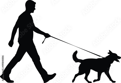 Man walking his dog on a leash in a peaceful outdoor setting together happily