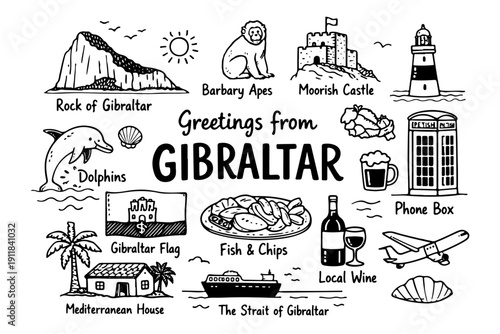 Gibraltar travel doodle set, hand drawn symbols and landmarks of the Rock, monkeys and nautical icons in line art style