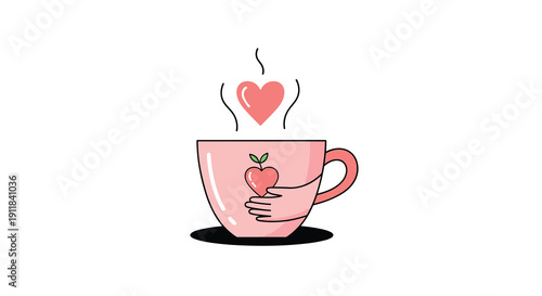 A charming illustration of a delicate pink teacup adorned with a heart and two embracing hands with a steaming heart emanating from the top symbolizing warmth love comfort, Generative AI.