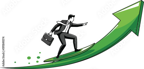 Businessman surfs on a rising green arrow symbolizing growth and progress upward