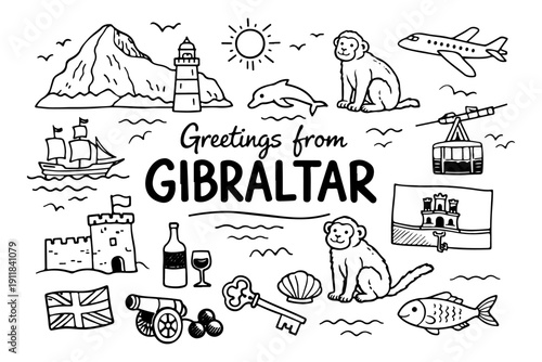 Gibraltar travel doodle set, hand drawn symbols and landmarks of the Rock, monkeys and nautical icons in line art style