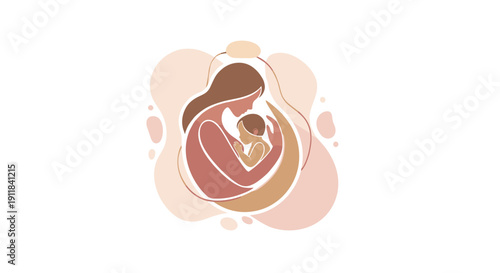 An artistic and abstract illustration depicting a nurturing mother gently holding her baby composed of flowing organic shapes and soft warm color palettes beautifully, Generative AI.