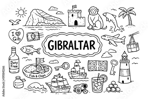 Gibraltar travel doodle set, hand drawn symbols and landmarks of the Rock, monkeys and nautical icons in line art style