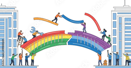 Diverse team collaborates to build a vibrant bridge between two office buildings together