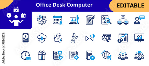 Office Desk Computer Icon Set Business Management And Workflow Vector